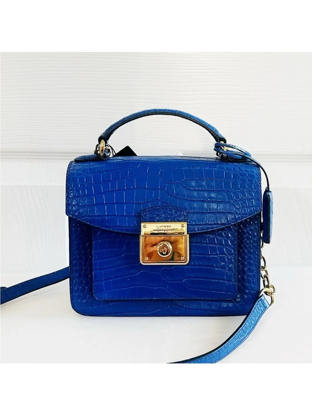 Lauren Ralph Lauren Blue Croc-Embossed Leather Top-Handle Bag with Gold Lock